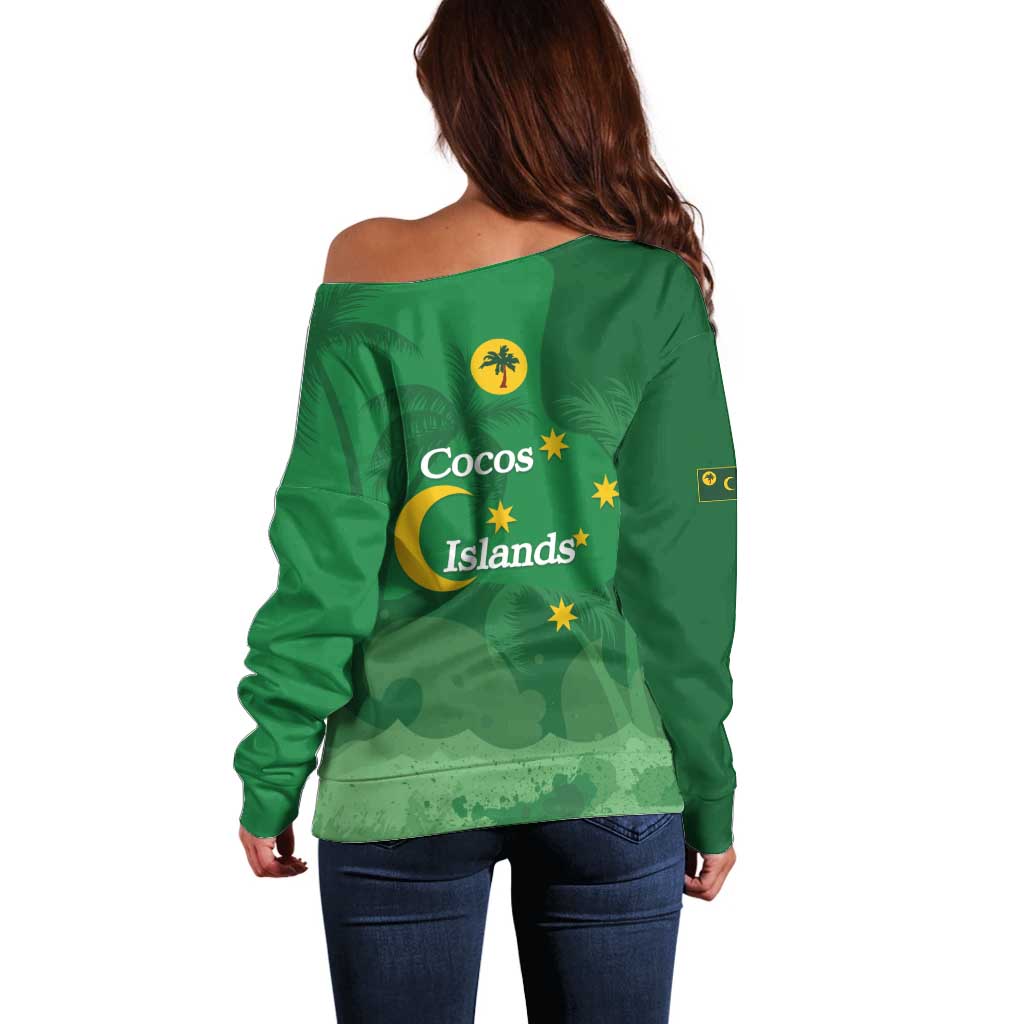 Australia Cocos Keeling Islands Off Shoulder Sweater Southern Cross Palm Tree Pattern - Aussie Hoodie