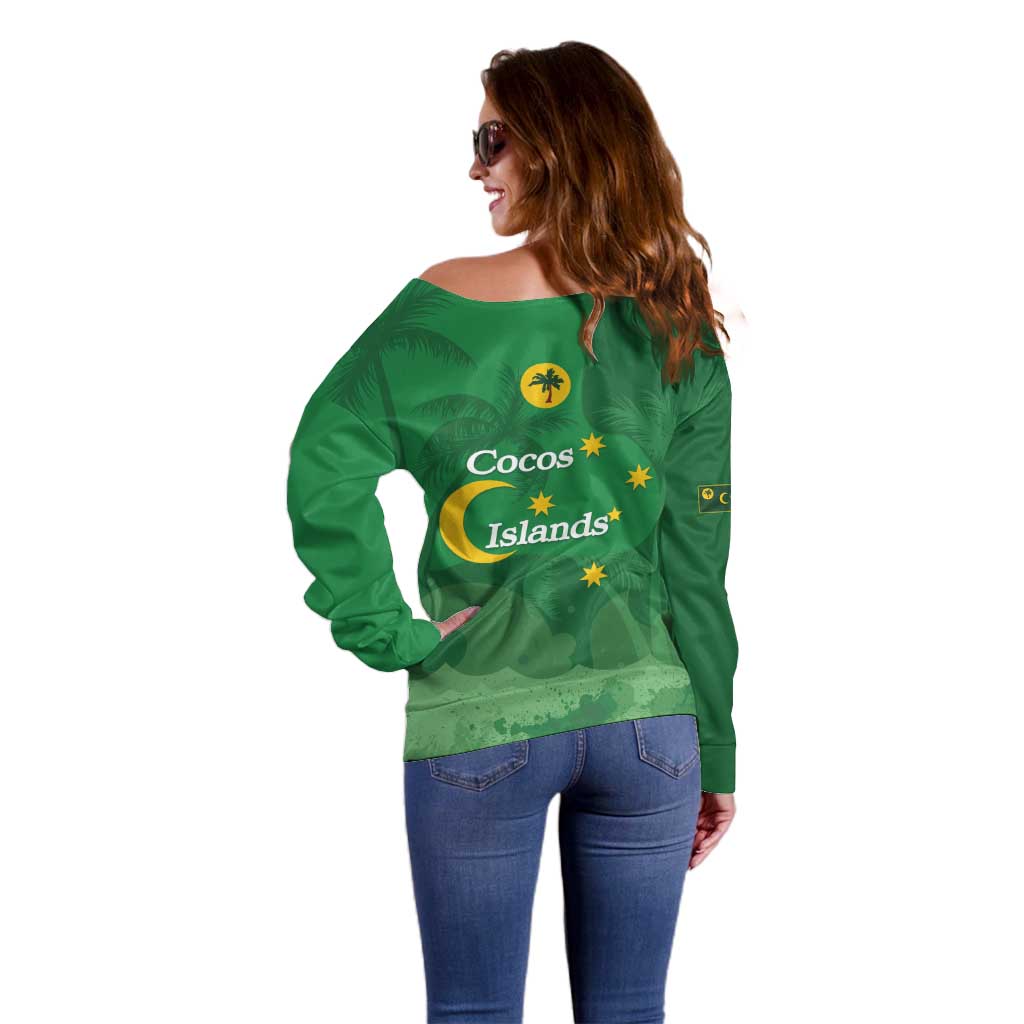 Australia Cocos Keeling Islands Off Shoulder Sweater Southern Cross Palm Tree Pattern - Aussie Hoodie