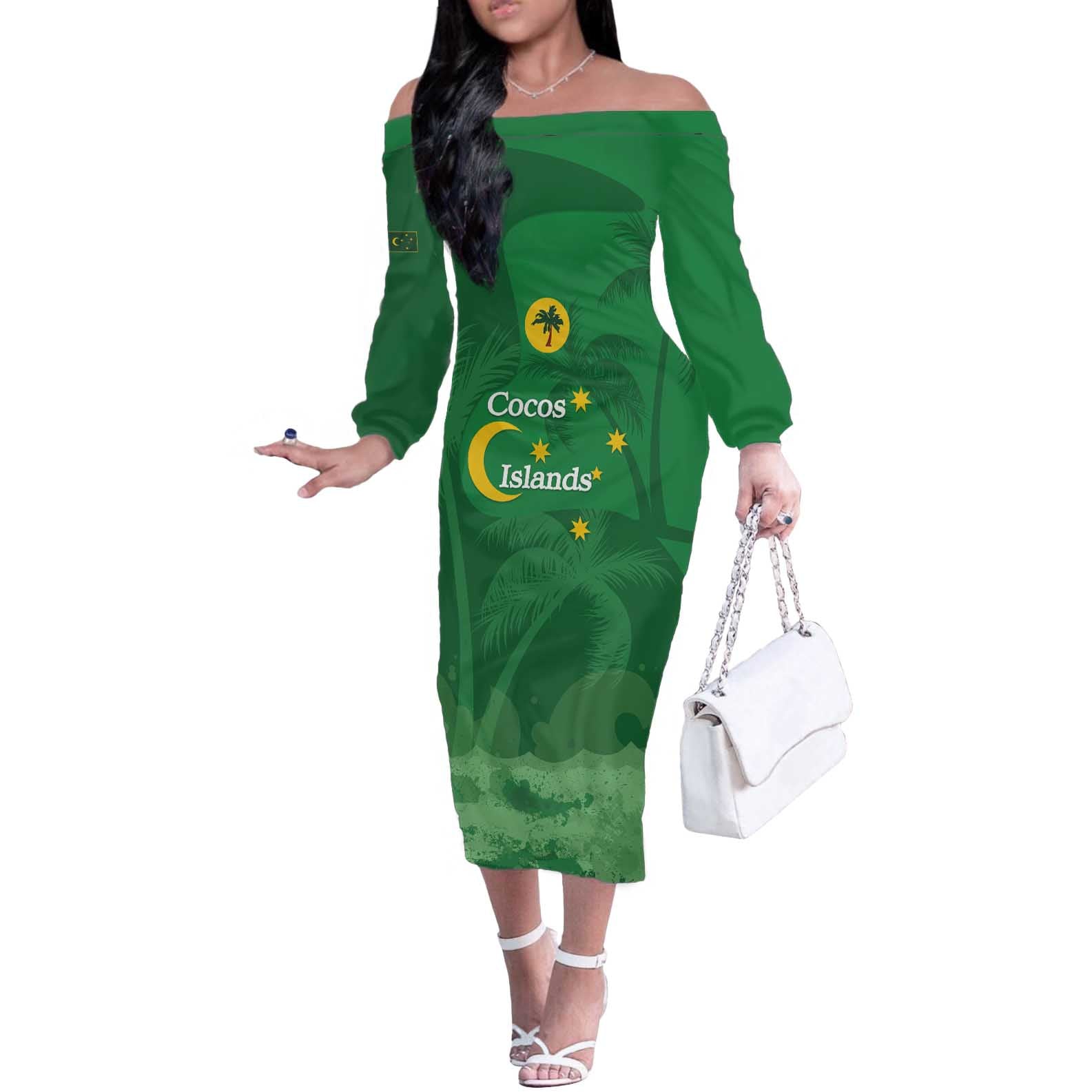 Australia Cocos Keeling Islands Off The Shoulder Long Sleeve Dress Southern Cross Palm Tree Pattern - Aussie Hoodie