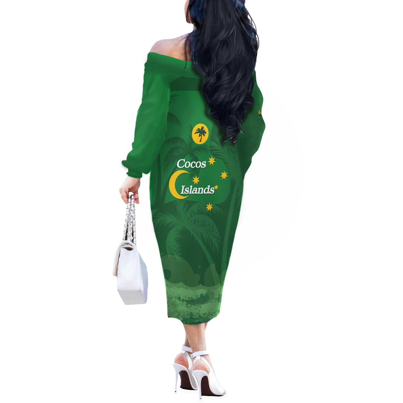 Australia Cocos Keeling Islands Off The Shoulder Long Sleeve Dress Southern Cross Palm Tree Pattern - Aussie Hoodie