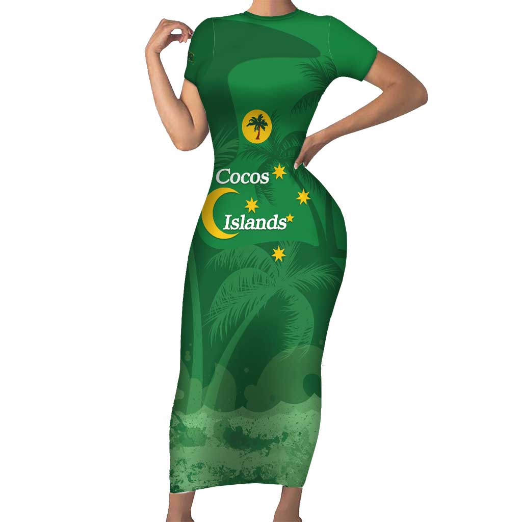 Australia Cocos Keeling Islands Short Sleeve Bodycon Dress Southern Cross Palm Tree Pattern - Aussie Hoodie
