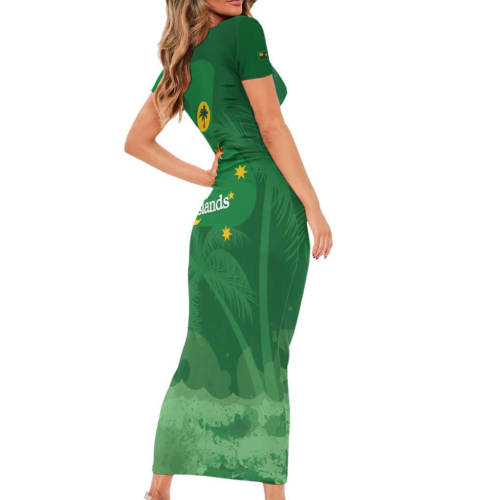 Australia Cocos Keeling Islands Short Sleeve Bodycon Dress Southern Cross Palm Tree Pattern - Aussie Hoodie