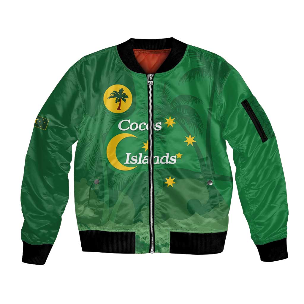 Australia Cocos Keeling Islands Sleeve Zip Bomber Jacket Southern Cross Palm Tree Pattern - Aussie Hoodie