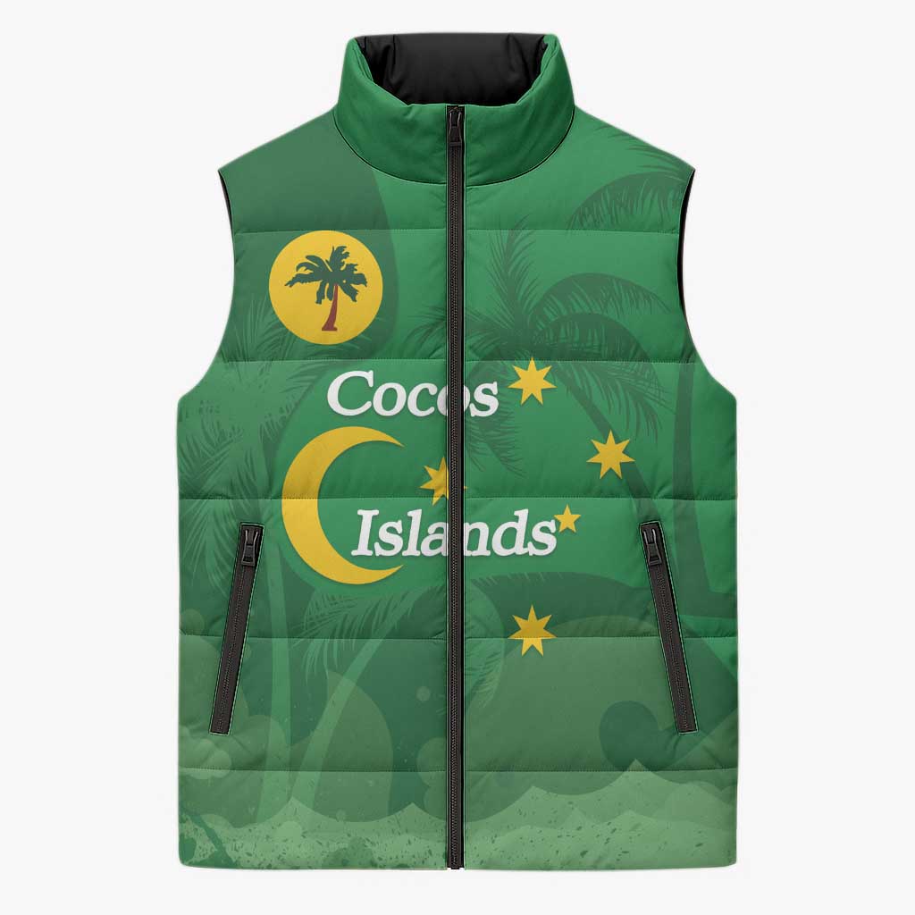 Australia Cocos Keeling Islands Sleeveless Puffer Jacket Southern Cross Palm Tree Pattern - Aussie Hoodie
