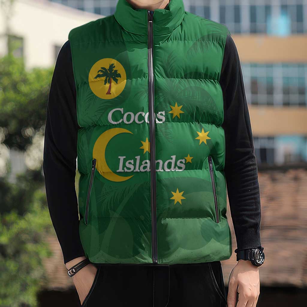 Australia Cocos Keeling Islands Sleeveless Puffer Jacket Southern Cross Palm Tree Pattern - Aussie Hoodie
