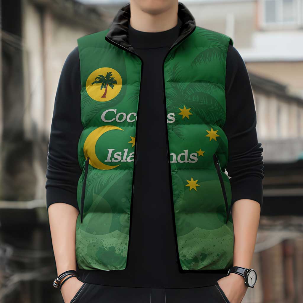 Australia Cocos Keeling Islands Sleeveless Puffer Jacket Southern Cross Palm Tree Pattern - Aussie Hoodie