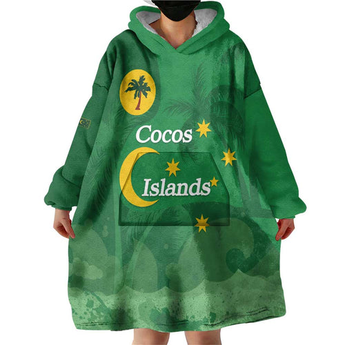 Australia Cocos Keeling Islands Wearable Blanket Hoodie Southern Cross Palm Tree Pattern - Aussie Hoodie