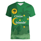 Australia Cocos Keeling Islands Women V-Neck T-Shirt Southern Cross Palm Tree Pattern - Aussie Hoodie