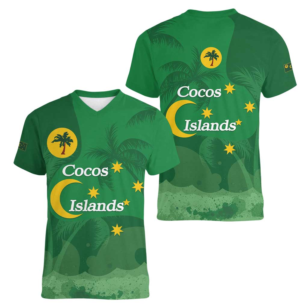 Australia Cocos Keeling Islands Women V-Neck T-Shirt Southern Cross Palm Tree Pattern - Aussie Hoodie