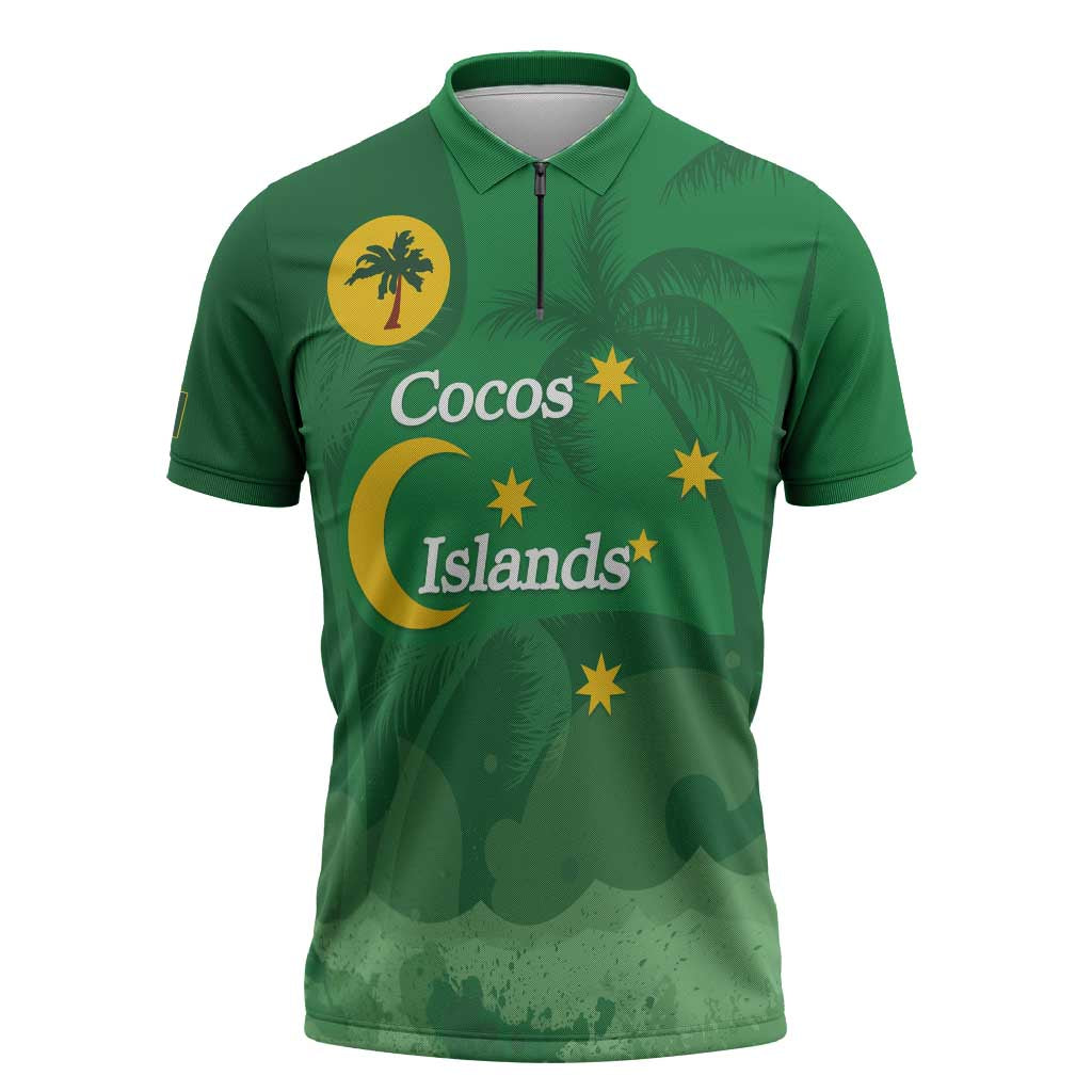 Australia Cocos Keeling Islands Zipper Polo Shirt Southern Cross Palm Tree Pattern - Aussie Hoodie