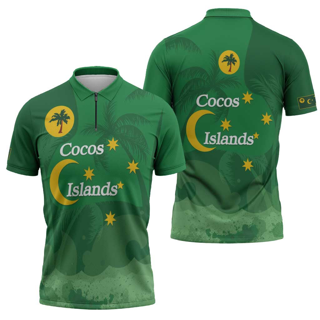 Australia Cocos Keeling Islands Zipper Polo Shirt Southern Cross Palm Tree Pattern - Aussie Hoodie