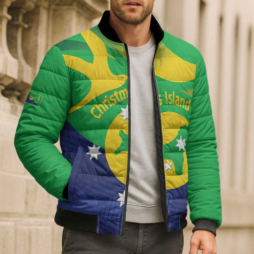 Personalised Australia Christmas Island Bomber Puffer Jacket Wilayah Pulau Krismas Flag Color - Aussie Hoodie