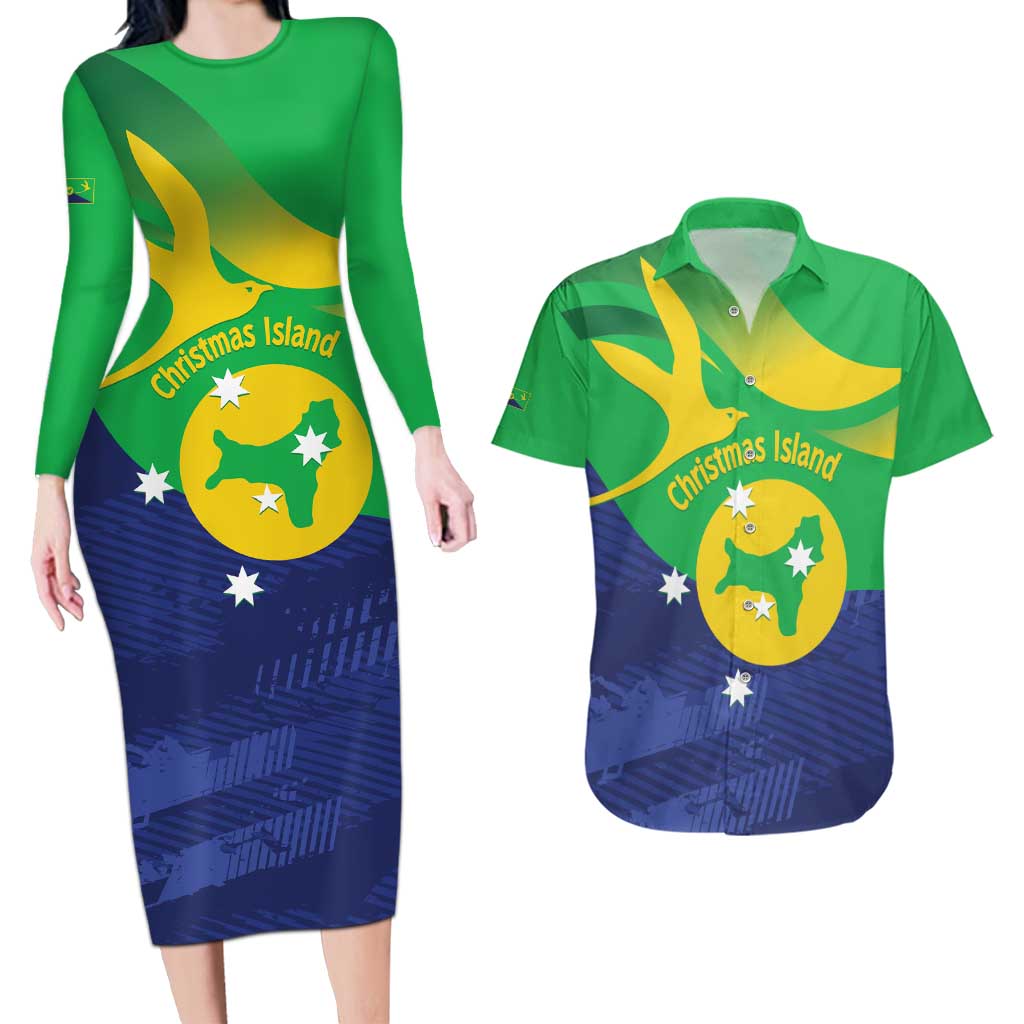 Personalised Australia Christmas Island Couples Matching Long Sleeve Bodycon Dress and Hawaiian Shirt Wilayah Pulau Krismas Flag Color - Aussie Hoodie