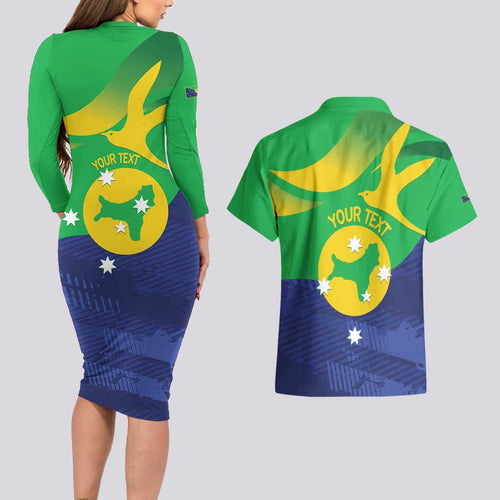 Personalised Australia Christmas Island Couples Matching Long Sleeve Bodycon Dress and Hawaiian Shirt Wilayah Pulau Krismas Flag Color - Aussie Hoodie