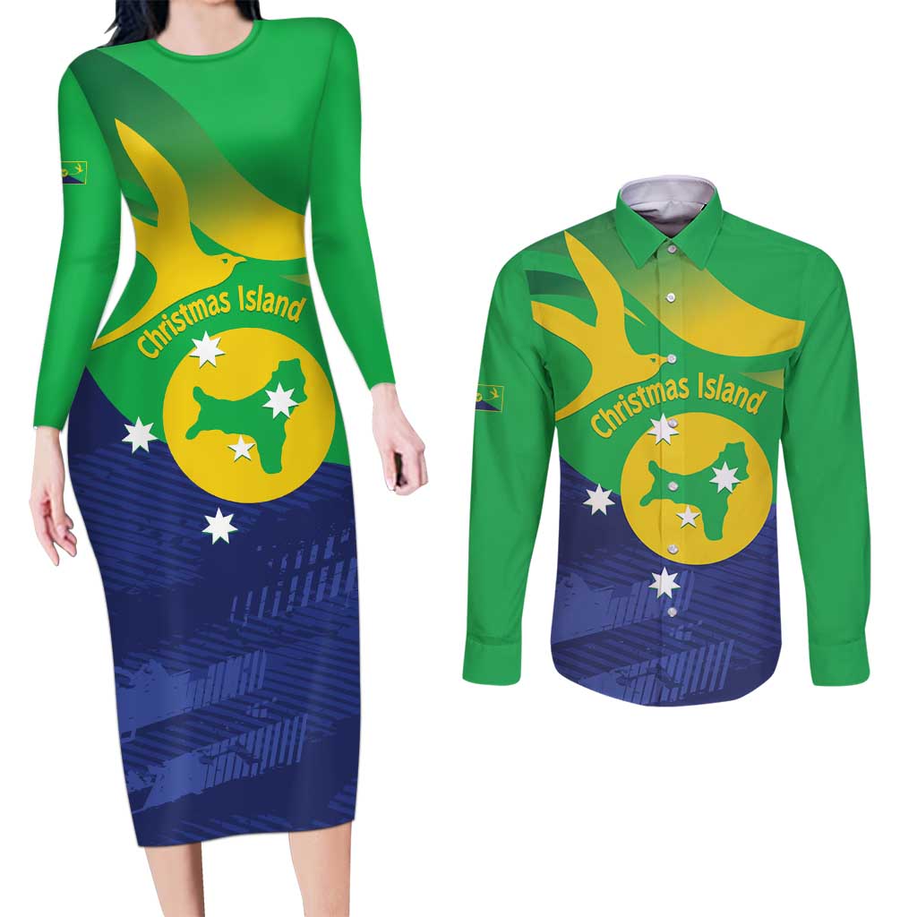 Personalised Australia Christmas Island Couples Matching Long Sleeve Bodycon Dress and Long Sleeve Button Shirt Wilayah Pulau Krismas Flag Color - Aussie Hoodie