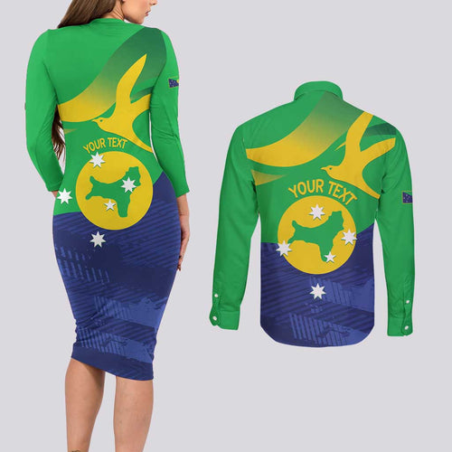 Personalised Australia Christmas Island Couples Matching Long Sleeve Bodycon Dress and Long Sleeve Button Shirt Wilayah Pulau Krismas Flag Color - Aussie Hoodie