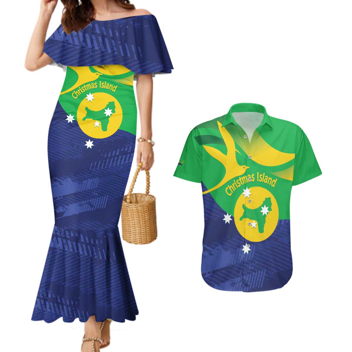 Personalised Australia Christmas Island Couples Matching Mermaid Dress and Hawaiian Shirt Wilayah Pulau Krismas Flag Color - Aussie Hoodie