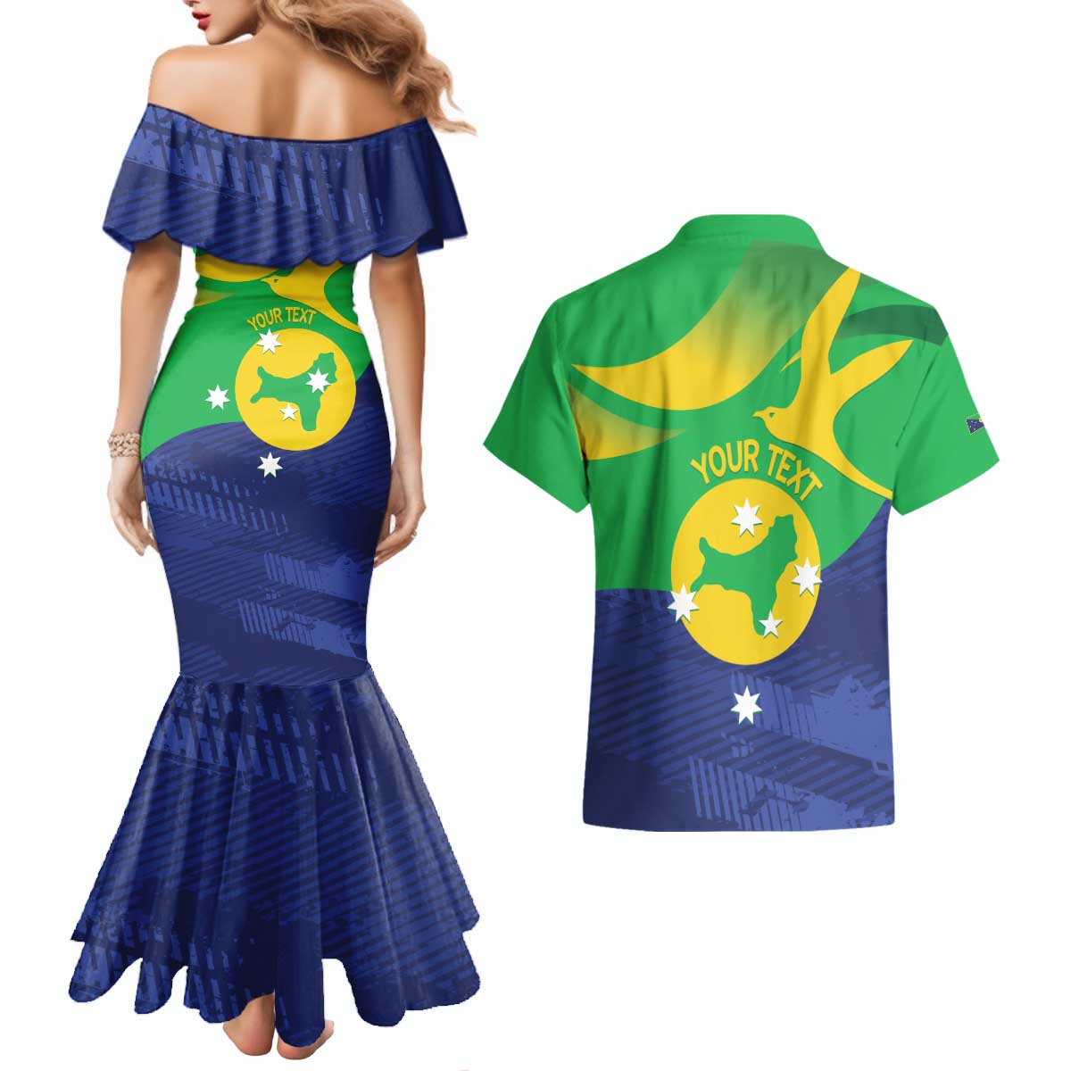 Personalised Australia Christmas Island Couples Matching Mermaid Dress and Hawaiian Shirt Wilayah Pulau Krismas Flag Color - Aussie Hoodie
