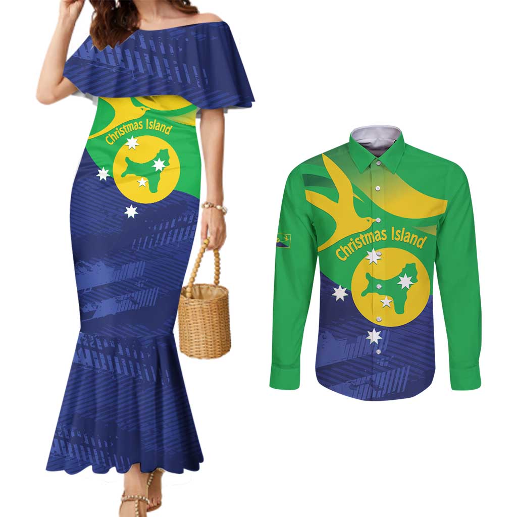 Personalised Australia Christmas Island Couples Matching Mermaid Dress and Long Sleeve Button Shirt Wilayah Pulau Krismas Flag Color - Aussie Hoodie