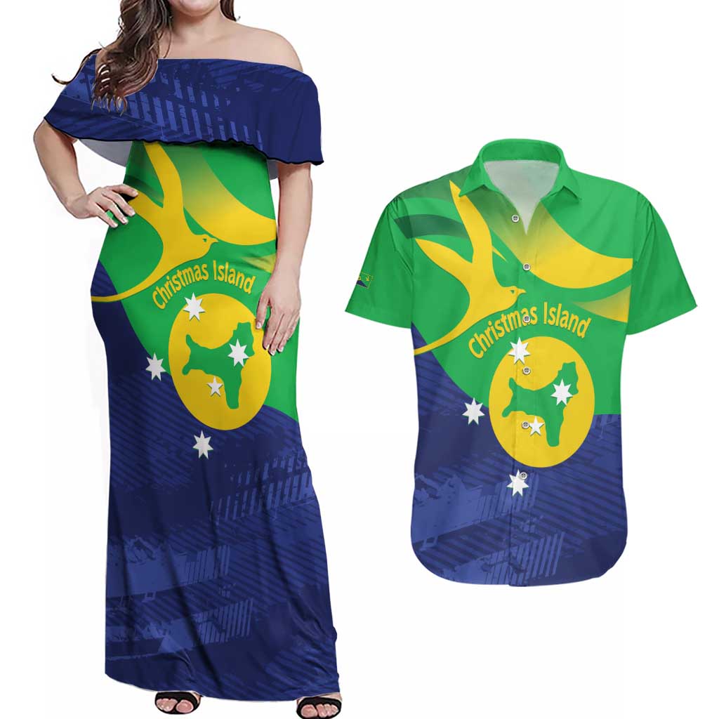 Personalised Australia Christmas Island Couples Matching Off Shoulder Maxi Dress and Hawaiian Shirt Wilayah Pulau Krismas Flag Color - Aussie Hoodie