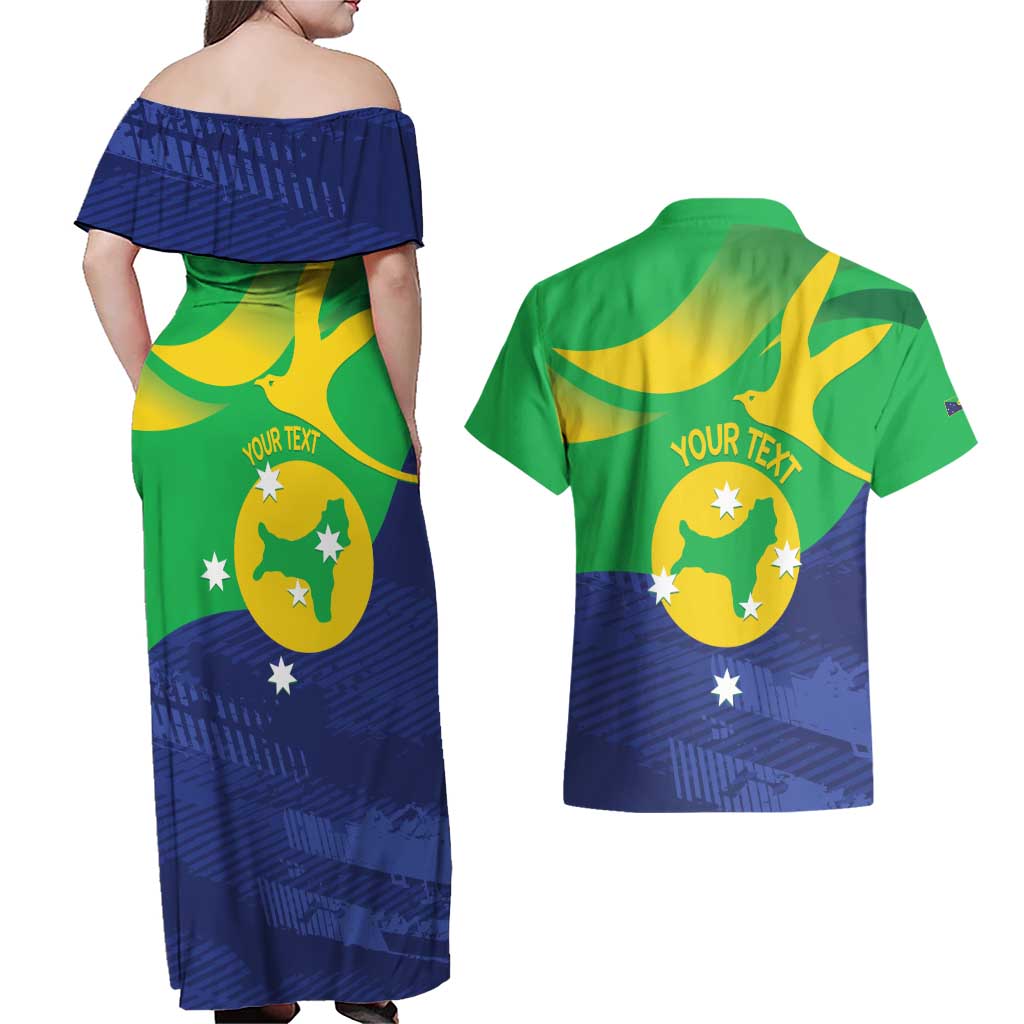 Personalised Australia Christmas Island Couples Matching Off Shoulder Maxi Dress and Hawaiian Shirt Wilayah Pulau Krismas Flag Color - Aussie Hoodie