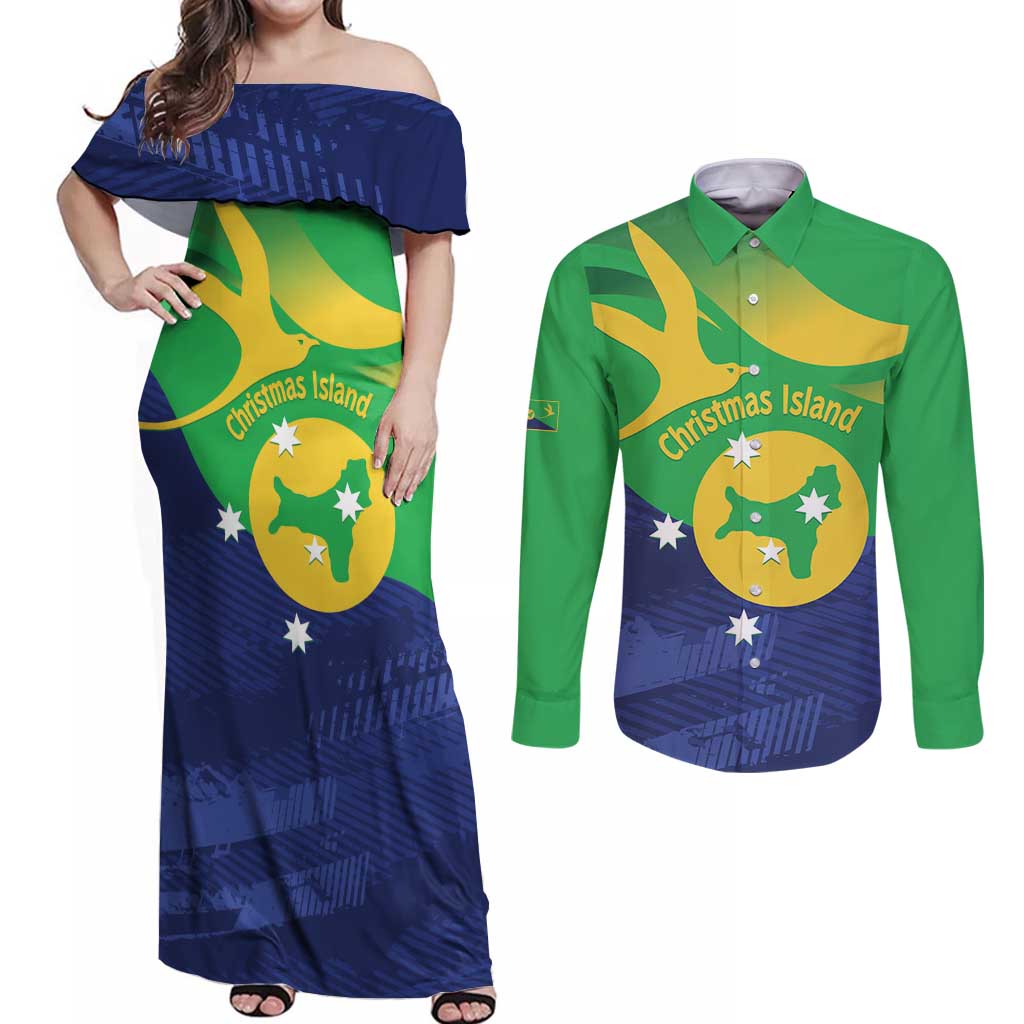 Personalised Australia Christmas Island Couples Matching Off Shoulder Maxi Dress and Long Sleeve Button Shirt Wilayah Pulau Krismas Flag Color - Aussie Hoodie