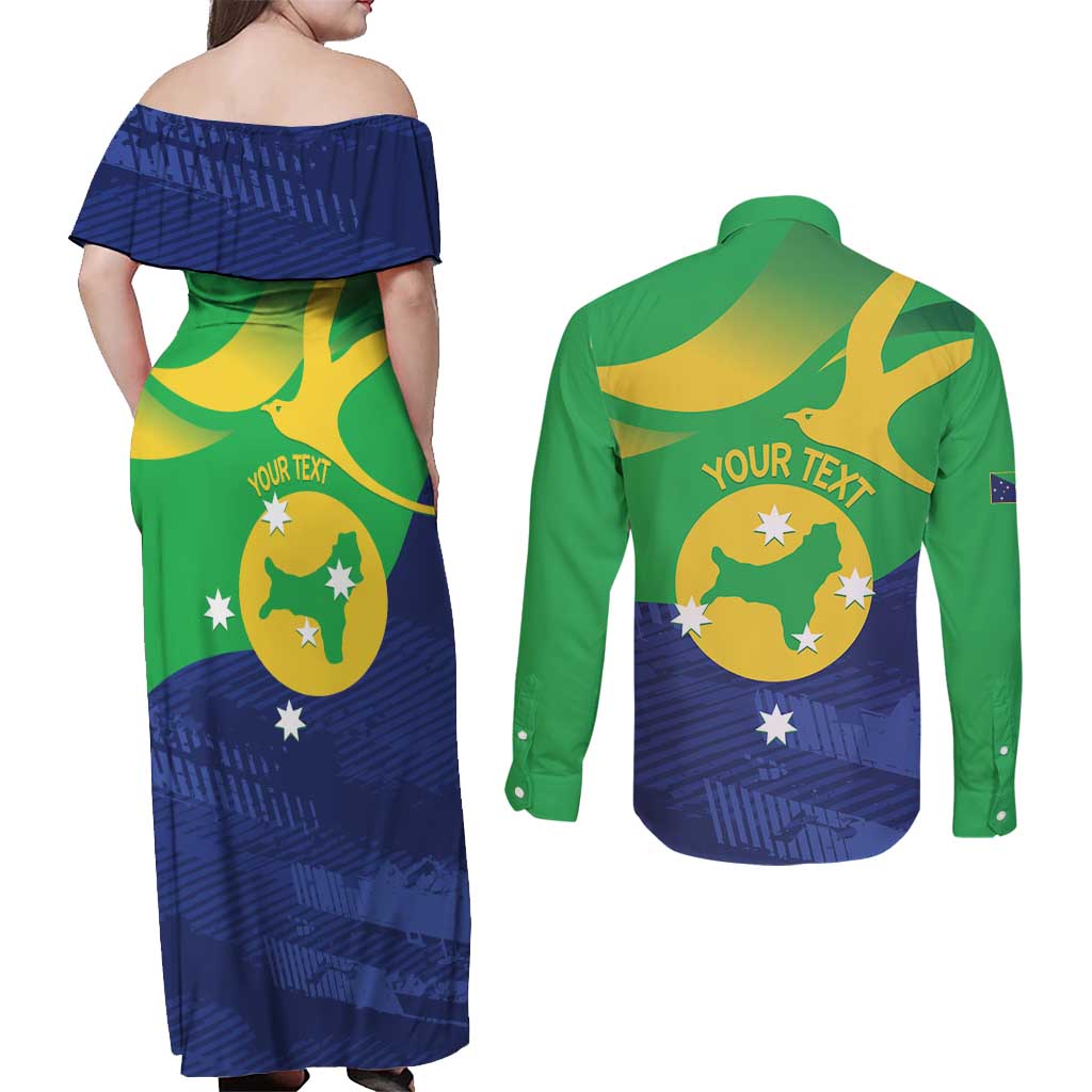 Personalised Australia Christmas Island Couples Matching Off Shoulder Maxi Dress and Long Sleeve Button Shirt Wilayah Pulau Krismas Flag Color - Aussie Hoodie