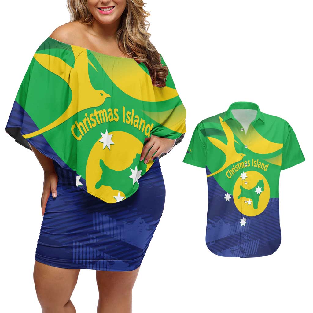 Personalised Australia Christmas Island Couples Matching Off Shoulder Short Dress and Hawaiian Shirt Wilayah Pulau Krismas Flag Color - Aussie Hoodie