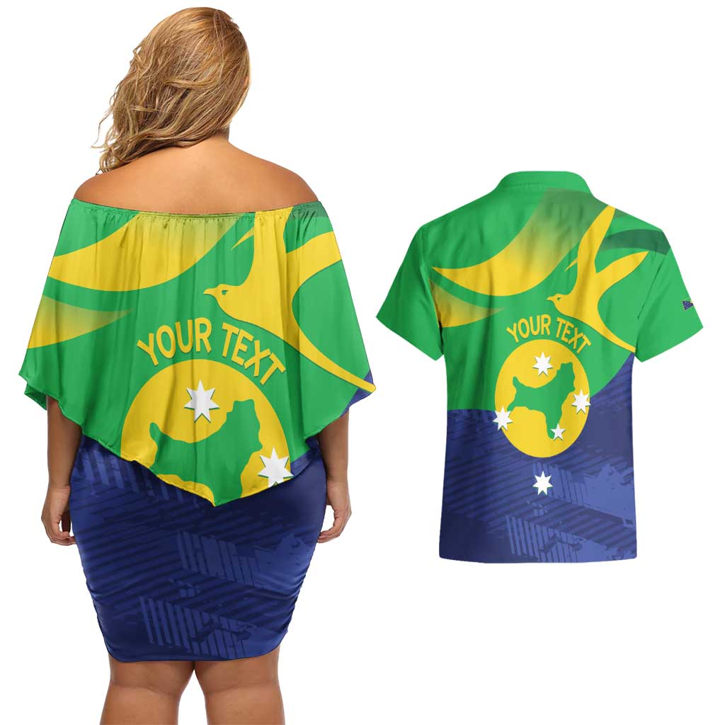 Personalised Australia Christmas Island Couples Matching Off Shoulder Short Dress and Hawaiian Shirt Wilayah Pulau Krismas Flag Color - Aussie Hoodie