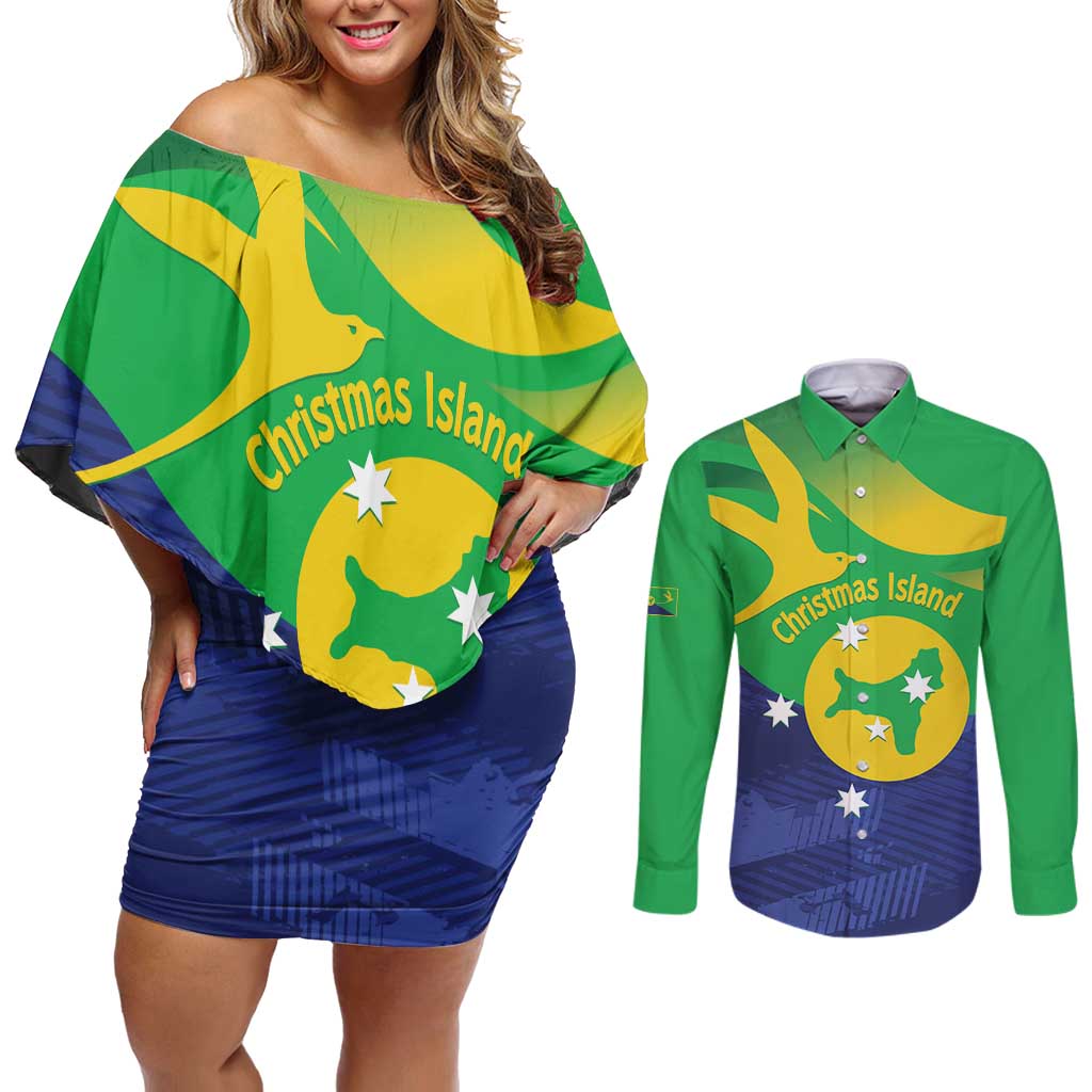 Personalised Australia Christmas Island Couples Matching Off Shoulder Short Dress and Long Sleeve Button Shirt Wilayah Pulau Krismas Flag Color - Aussie Hoodie