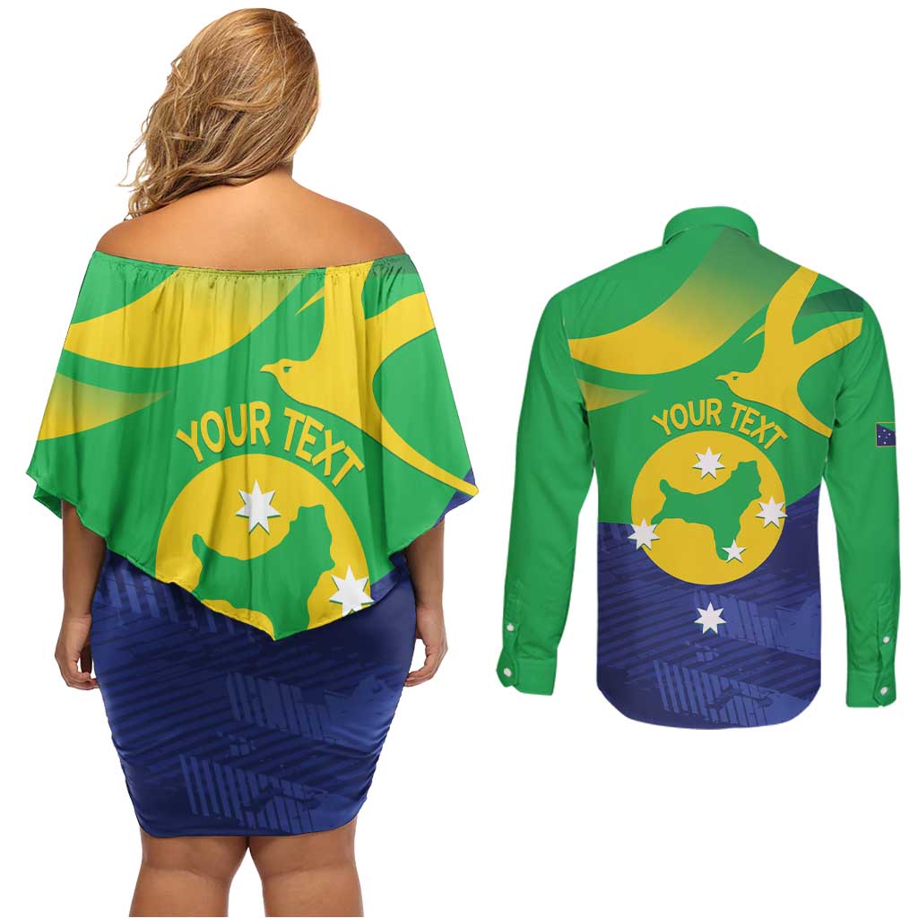 Personalised Australia Christmas Island Couples Matching Off Shoulder Short Dress and Long Sleeve Button Shirt Wilayah Pulau Krismas Flag Color - Aussie Hoodie
