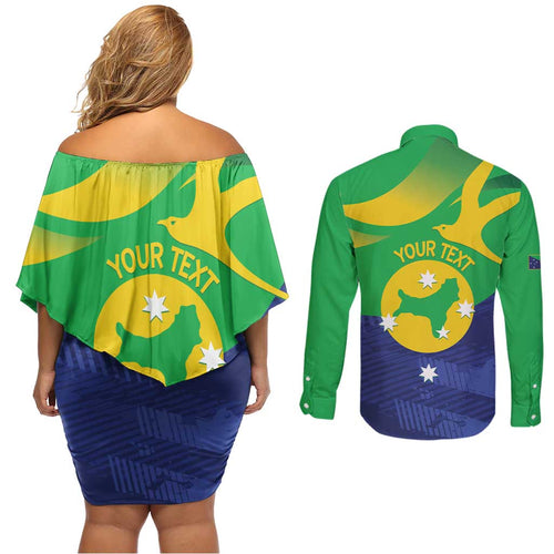 Personalised Australia Christmas Island Couples Matching Off Shoulder Short Dress and Long Sleeve Button Shirt Wilayah Pulau Krismas Flag Color - Aussie Hoodie