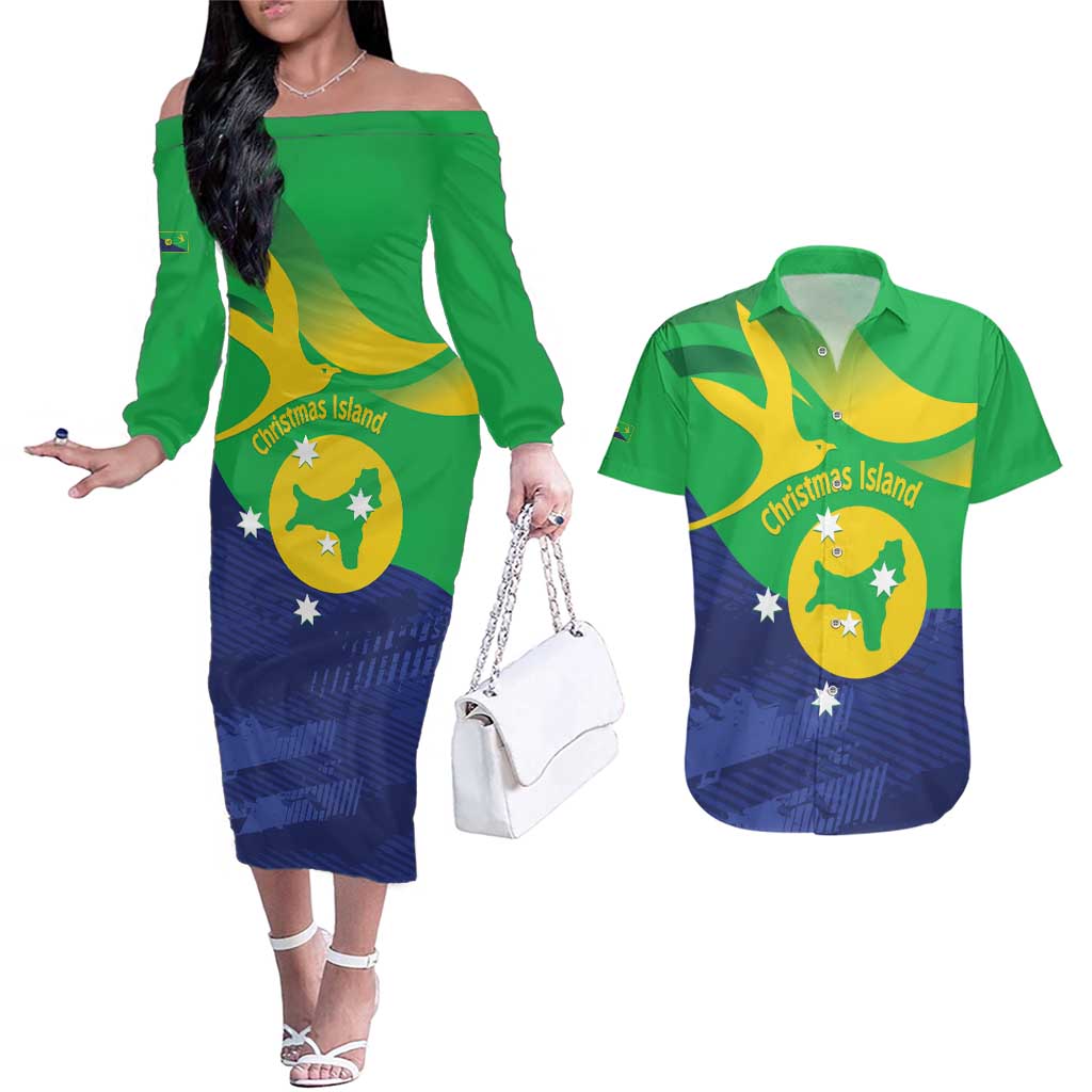 Personalised Australia Christmas Island Couples Matching Off The Shoulder Long Sleeve Dress and Hawaiian Shirt Wilayah Pulau Krismas Flag Color - Aussie Hoodie