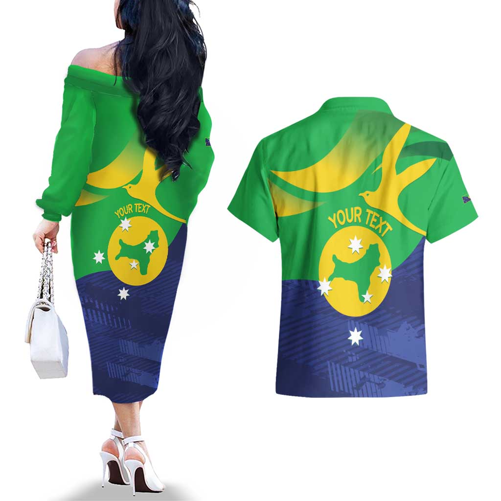 Personalised Australia Christmas Island Couples Matching Off The Shoulder Long Sleeve Dress and Hawaiian Shirt Wilayah Pulau Krismas Flag Color - Aussie Hoodie