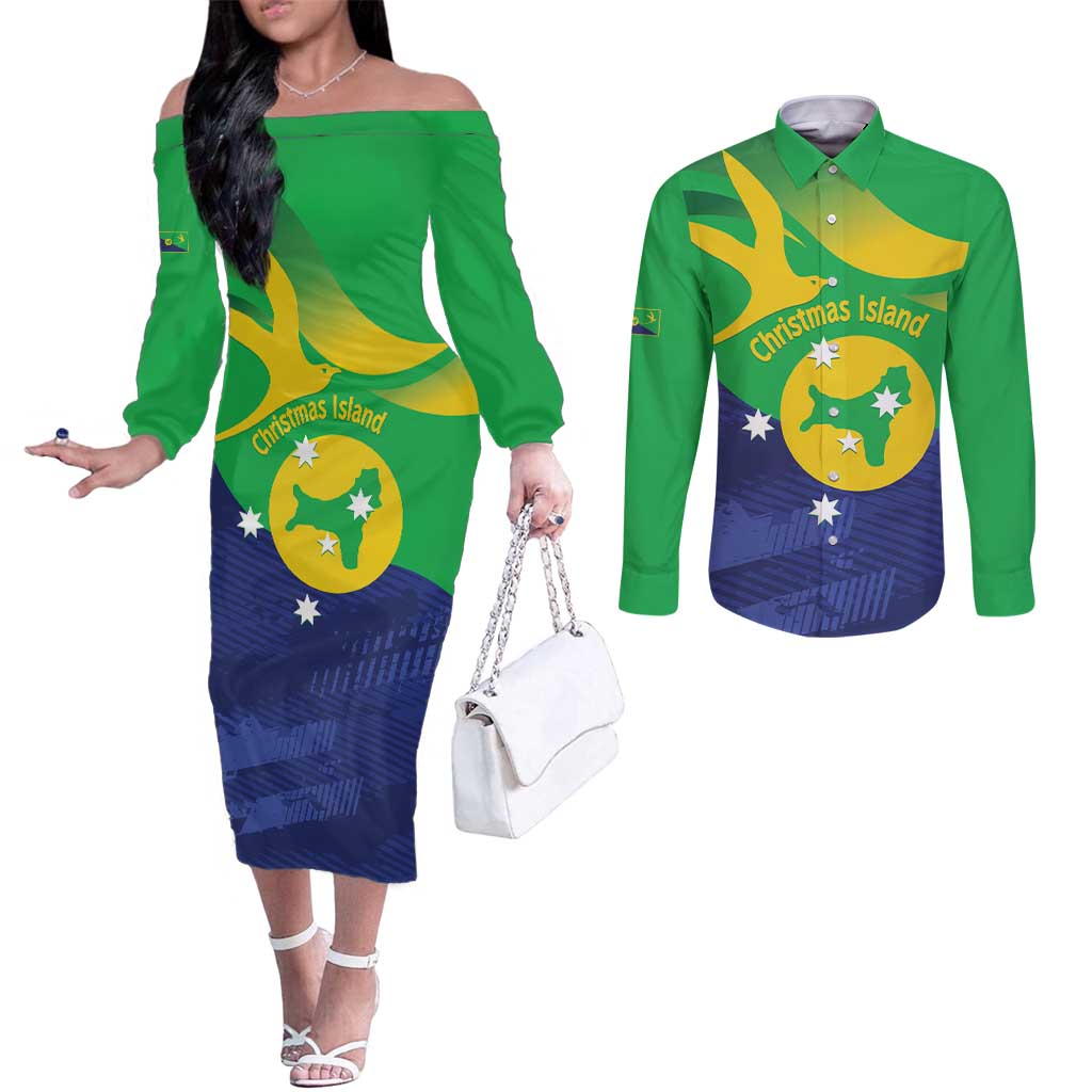 Personalised Australia Christmas Island Couples Matching Off The Shoulder Long Sleeve Dress and Long Sleeve Button Shirt Wilayah Pulau Krismas Flag Color - Aussie Hoodie