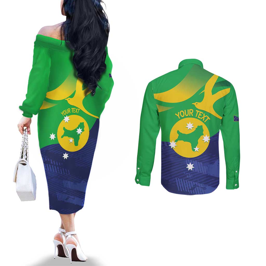 Personalised Australia Christmas Island Couples Matching Off The Shoulder Long Sleeve Dress and Long Sleeve Button Shirt Wilayah Pulau Krismas Flag Color - Aussie Hoodie