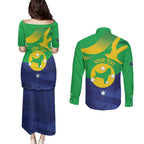 Personalised Australia Christmas Island Couples Matching Puletasi and Long Sleeve Button Shirt Wilayah Pulau Krismas Flag Color - Aussie Hoodie