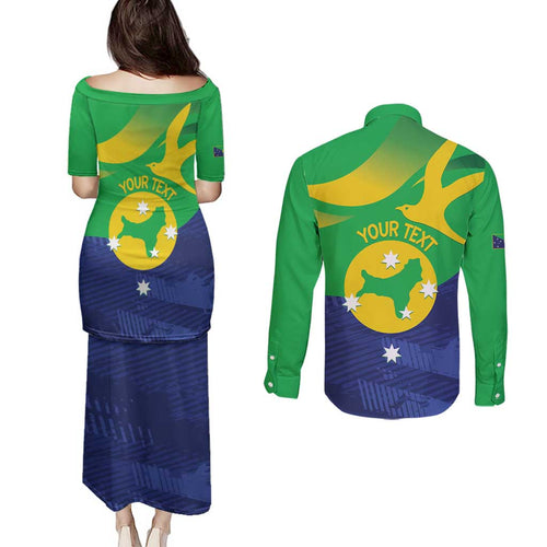 Personalised Australia Christmas Island Couples Matching Puletasi and Long Sleeve Button Shirt Wilayah Pulau Krismas Flag Color - Aussie Hoodie