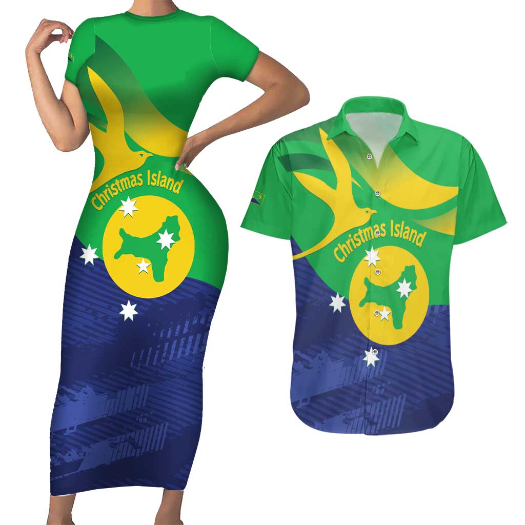 Personalised Australia Christmas Island Couples Matching Short Sleeve Bodycon Dress and Hawaiian Shirt Wilayah Pulau Krismas Flag Color - Aussie Hoodie