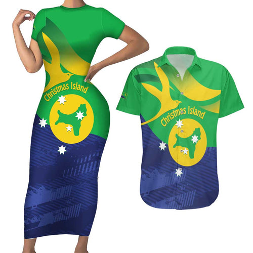Personalised Australia Christmas Island Couples Matching Short Sleeve Bodycon Dress and Hawaiian Shirt Wilayah Pulau Krismas Flag Color - Aussie Hoodie