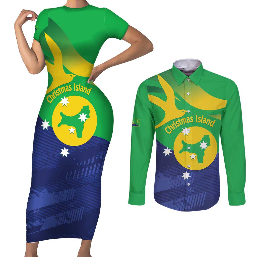 Personalised Australia Christmas Island Couples Matching Short Sleeve Bodycon Dress and Long Sleeve Button Shirt Wilayah Pulau Krismas Flag Color - Aussie Hoodie