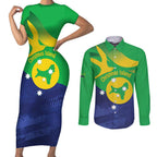 Personalised Australia Christmas Island Couples Matching Short Sleeve Bodycon Dress and Long Sleeve Button Shirt Wilayah Pulau Krismas Flag Color - Aussie Hoodie