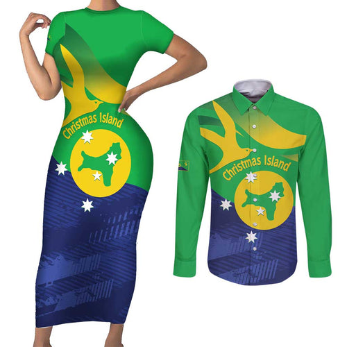Personalised Australia Christmas Island Couples Matching Short Sleeve Bodycon Dress and Long Sleeve Button Shirt Wilayah Pulau Krismas Flag Color - Aussie Hoodie