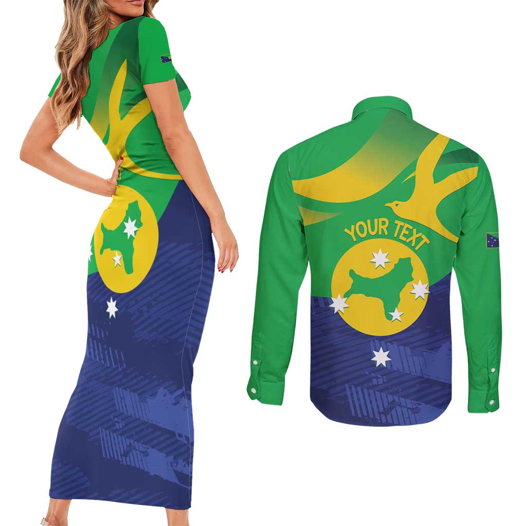 Personalised Australia Christmas Island Couples Matching Short Sleeve Bodycon Dress and Long Sleeve Button Shirt Wilayah Pulau Krismas Flag Color - Aussie Hoodie