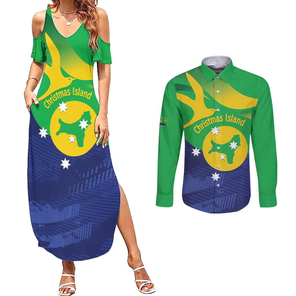 Personalised Australia Christmas Island Couples Matching Summer Maxi Dress and Long Sleeve Button Shirt Wilayah Pulau Krismas Flag Color - Aussie Hoodie