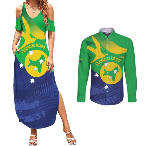 Personalised Australia Christmas Island Couples Matching Summer Maxi Dress and Long Sleeve Button Shirt Wilayah Pulau Krismas Flag Color - Aussie Hoodie