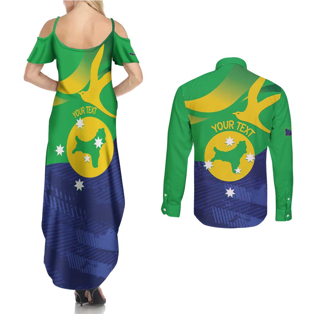 Personalised Australia Christmas Island Couples Matching Summer Maxi Dress and Long Sleeve Button Shirt Wilayah Pulau Krismas Flag Color - Aussie Hoodie