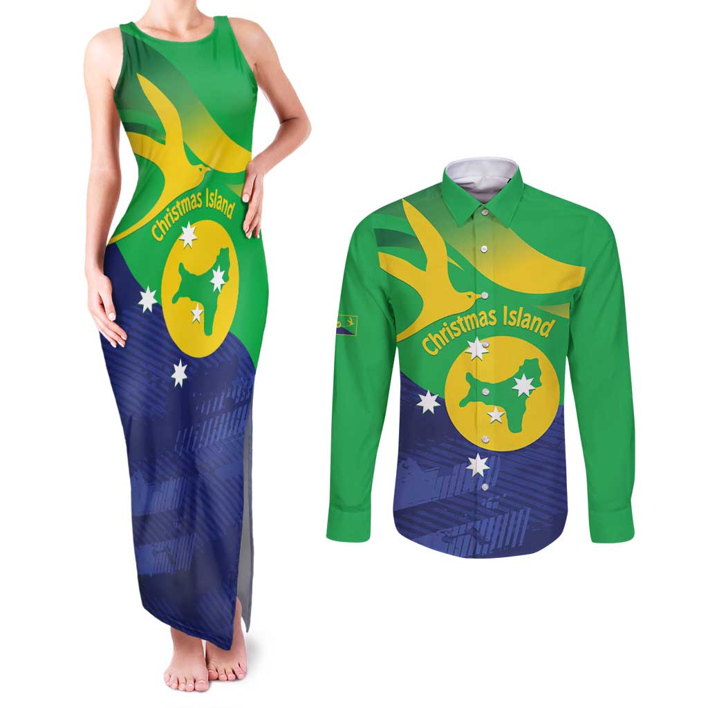 Personalised Australia Christmas Island Couples Matching Tank Maxi Dress and Long Sleeve Button Shirt Wilayah Pulau Krismas Flag Color - Aussie Hoodie