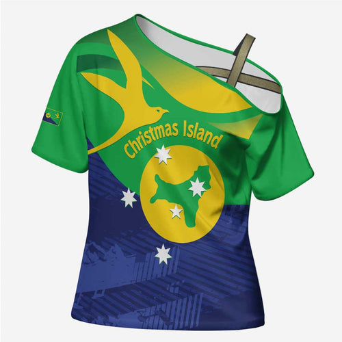 Personalised Australia Christmas Island Cross Shoulder Shirt Wilayah Pulau Krismas Flag Color - Aussie Hoodie