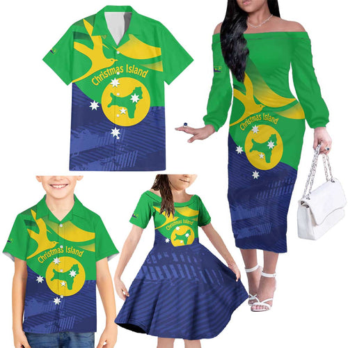 Personalised Australia Christmas Island Family Matching Off The Shoulder Long Sleeve Dress and Hawaiian Shirt Wilayah Pulau Krismas Flag Color - Aussie Hoodie